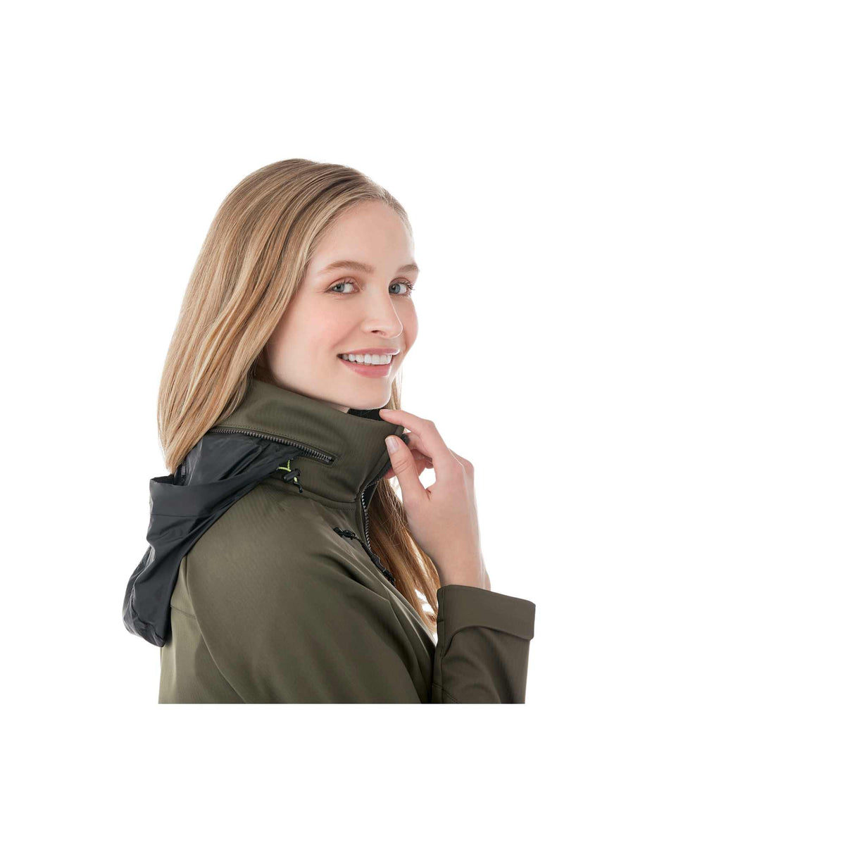 Peyto Waterproof Softshell Jacket with Roll-Away Hood for Women Debossing - Loden - Flat 2