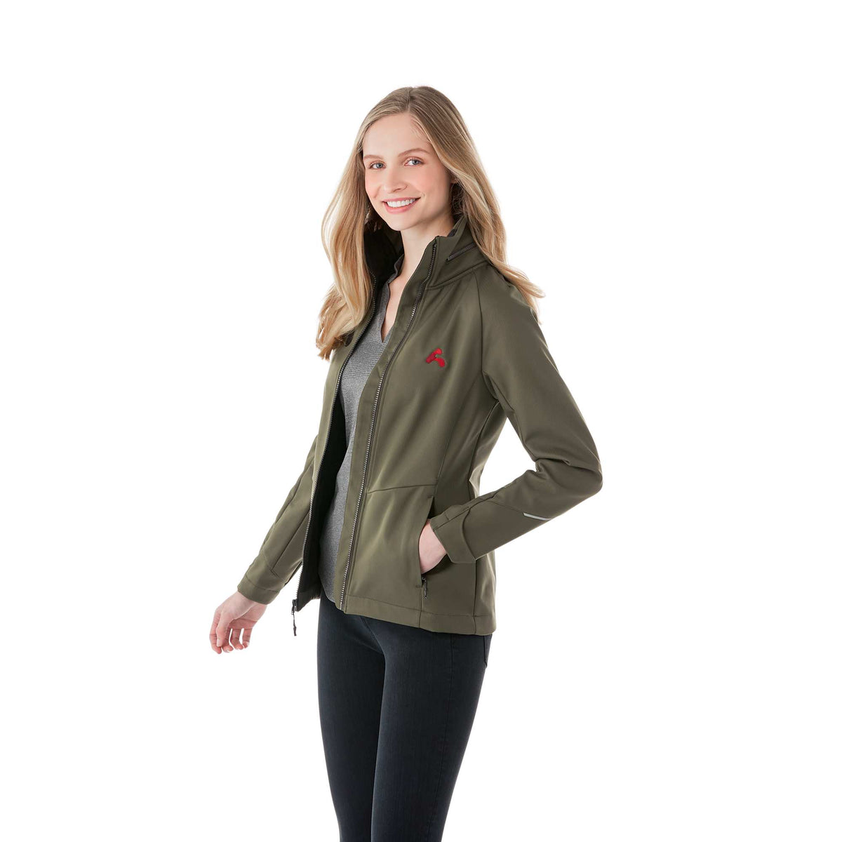 Peyto Waterproof Softshell Jacket with Roll-Away Hood for Women Debossing - Loden - Flat
