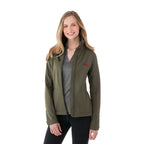 Peyto Waterproof Softshell Jacket with Roll-Away Hood for Women Debossing - Loden - Front On Model