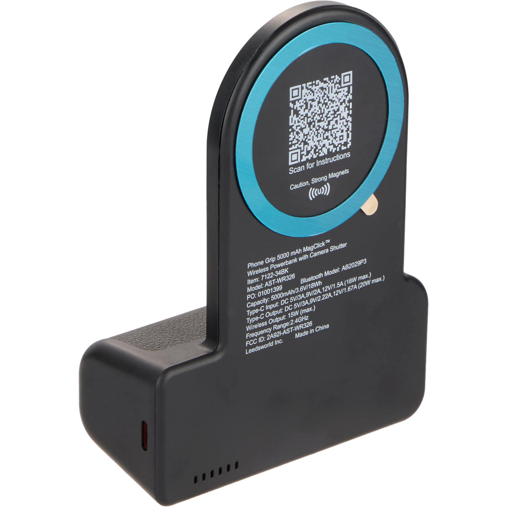 Phone Grip Magnetic Power Bank with Bluetooth Camera Shutter, 5,000 mAh - Black - Back Right Angle