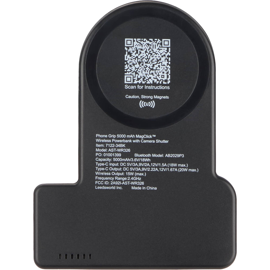 Phone Grip Magnetic Power Bank with Bluetooth Camera Shutter, 5,000 mAh - Black - Back