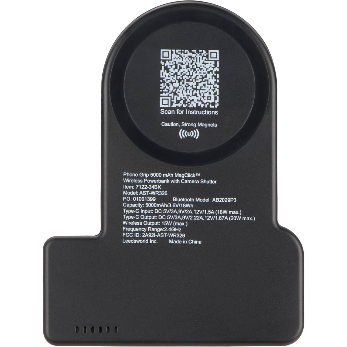 Phone Grip Magnetic Power Bank with Bluetooth Camera Shutter, 5,000 mAh - Black - Back