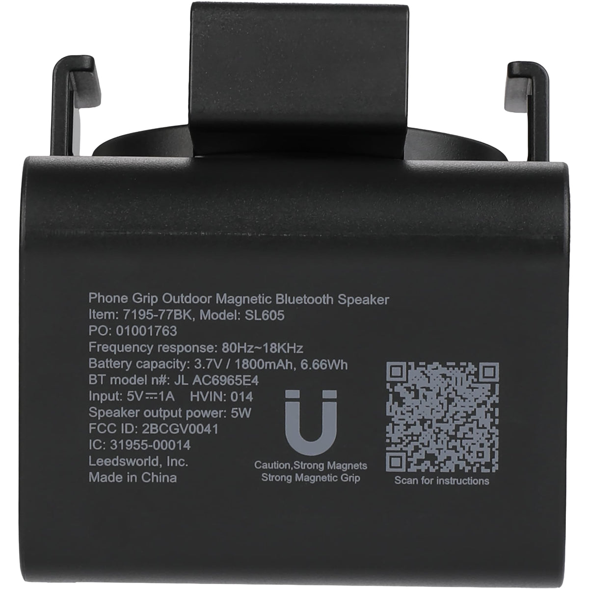 Phone Grip Outdoor Speaker with Magnet and Phone Holder - Black - Bottom