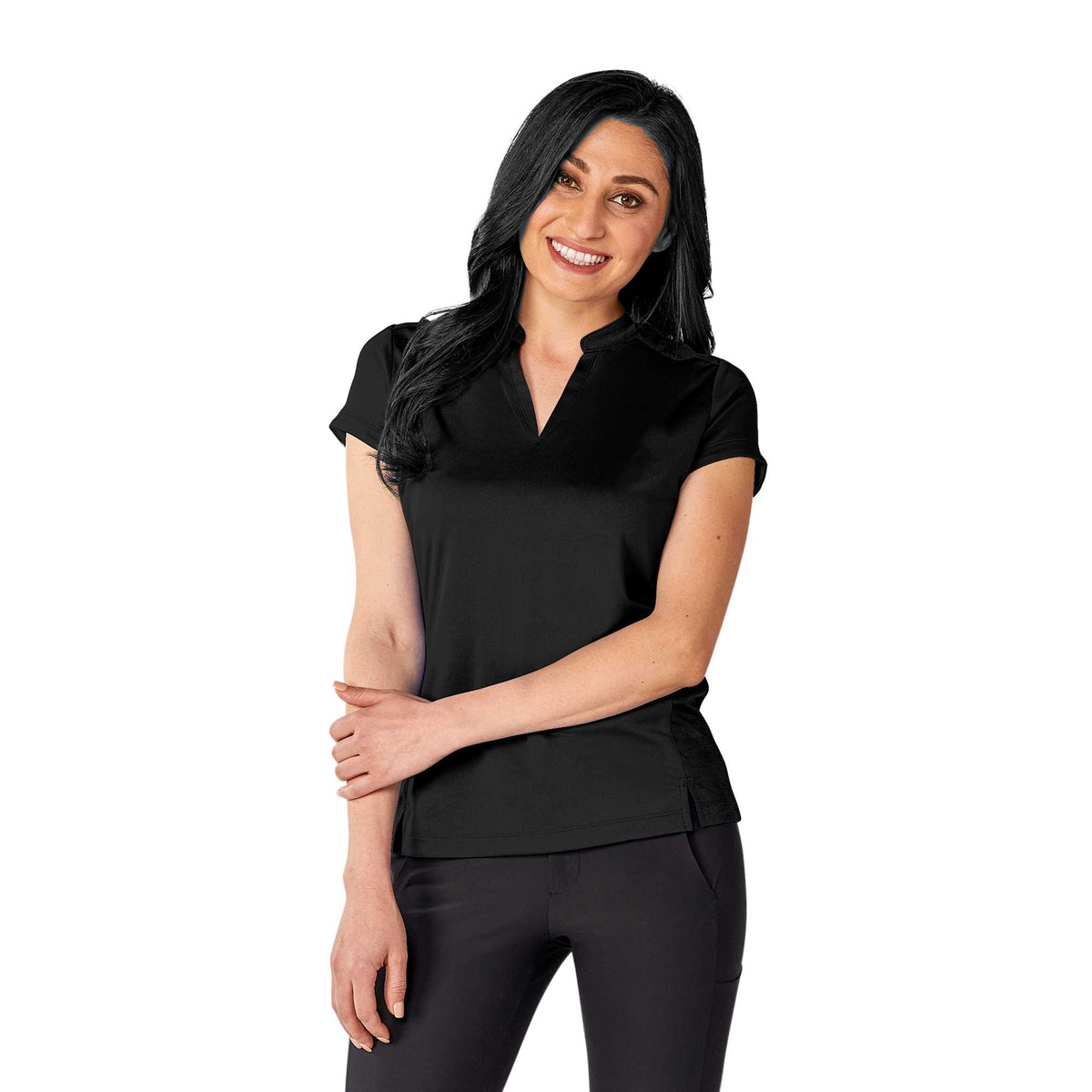 Piedmont Stand Collar Polo for Women Laser Engraving - Black - On Model