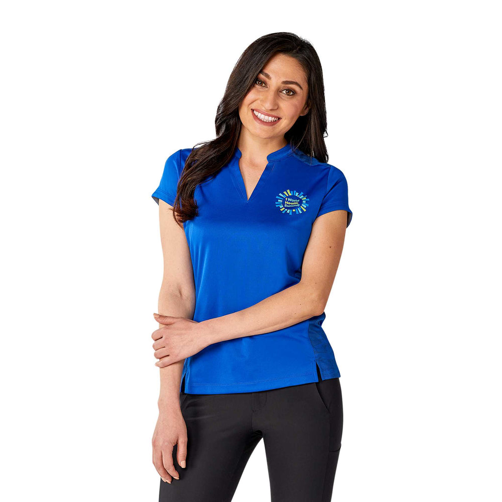 Piedmont Stand Collar Polo for Women Laser Engraving - New Royal - Front On Model