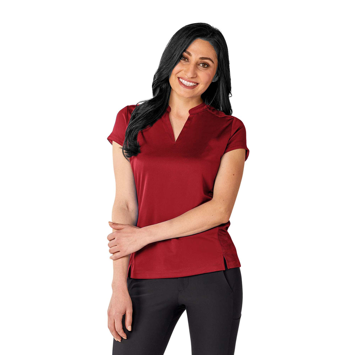 Piedmont Stand Collar Polo for Women Transfer - Vintage Red - On Model