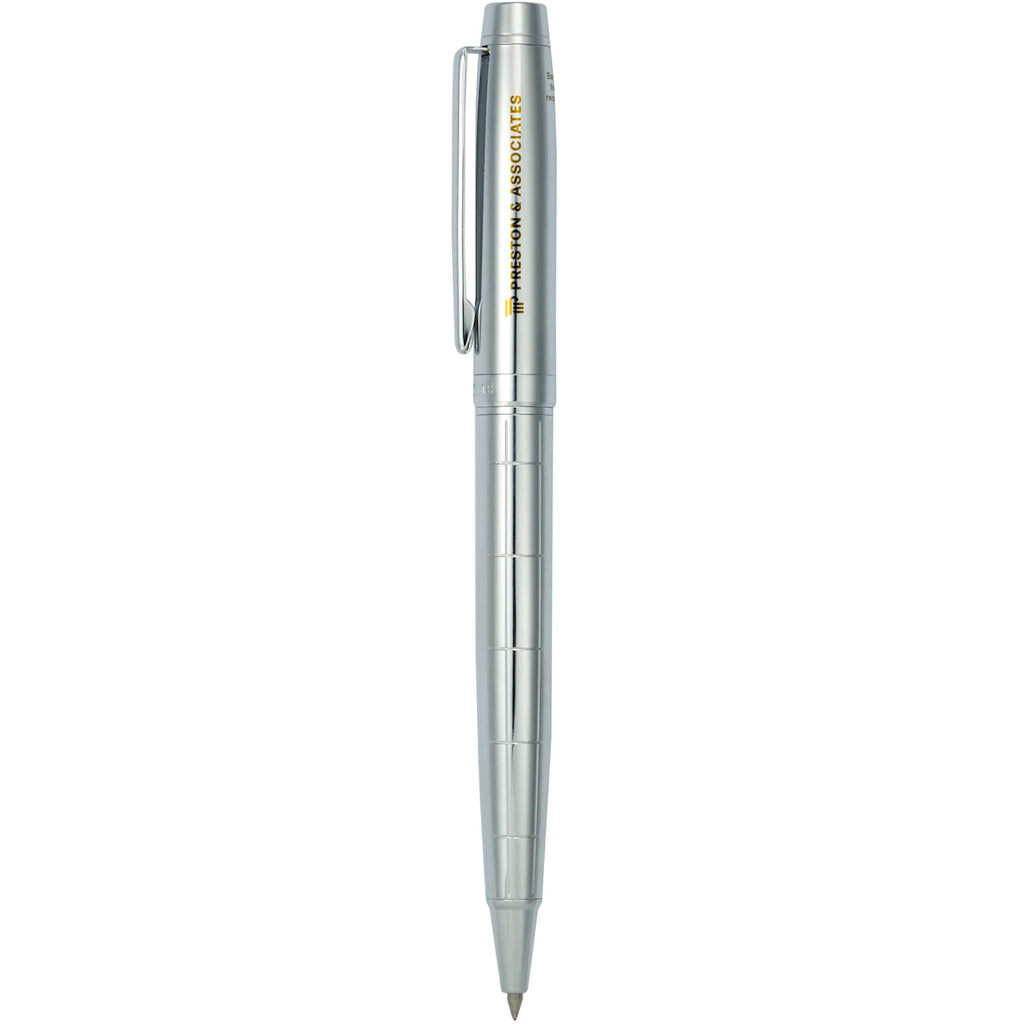 Pillar Recycled Brass Pen with Linear Detailing Laser Engraving - Silver - Front