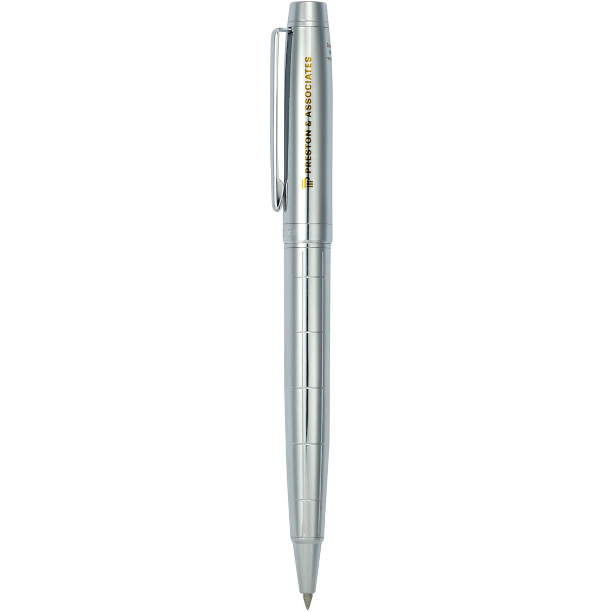 Pillar Recycled Brass Pen with Linear Detailing Laser Engraving - Silver - Front
