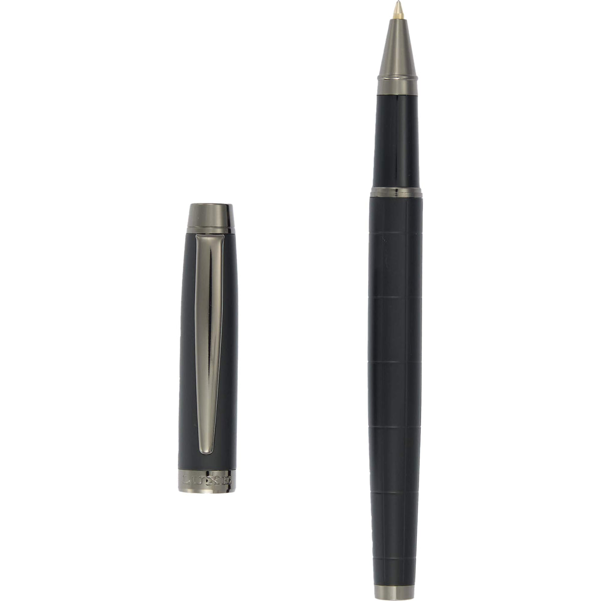 Pillar Rollerball Pen in Recycled Brass with Linear Texture Laser Engraving - Black - Clip