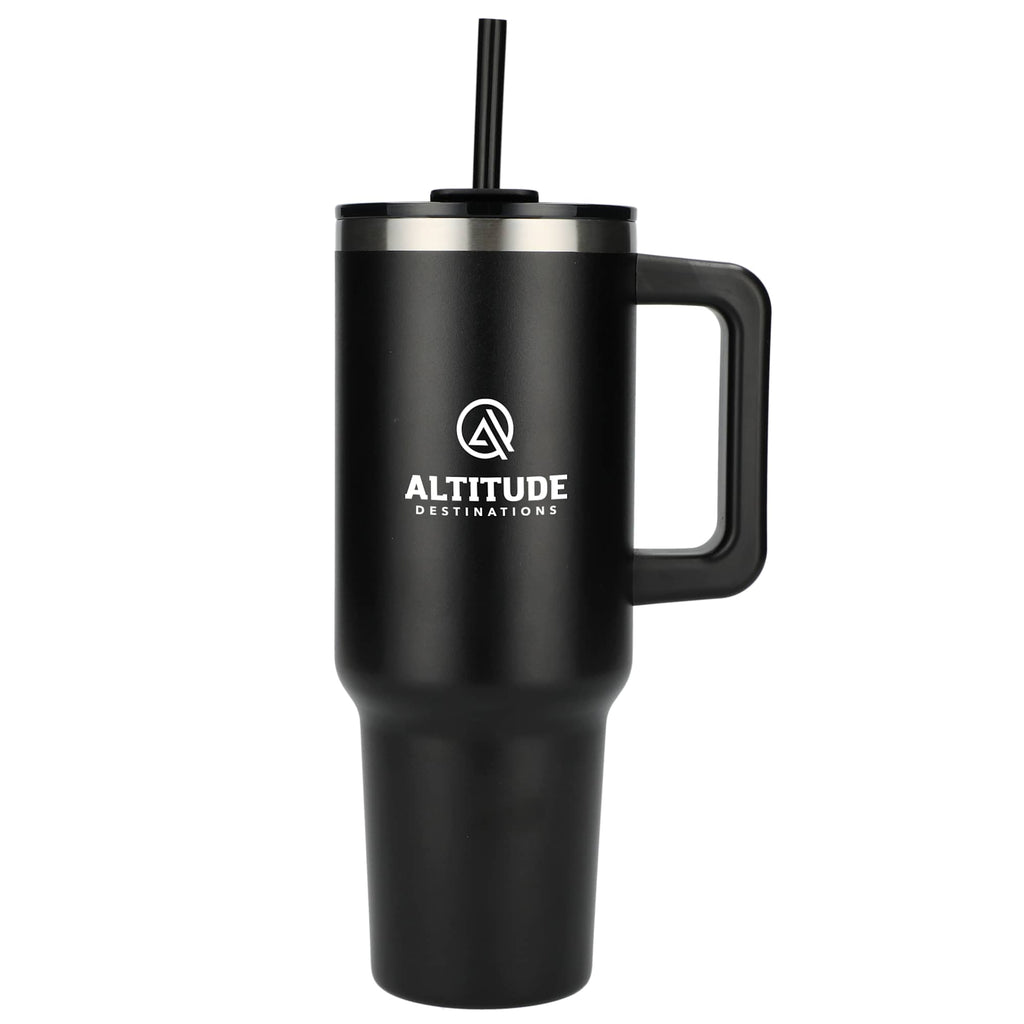 Pinnacle Recycled Travel Tumbler with Straw and Handle, 40 oz - Black - Front 2