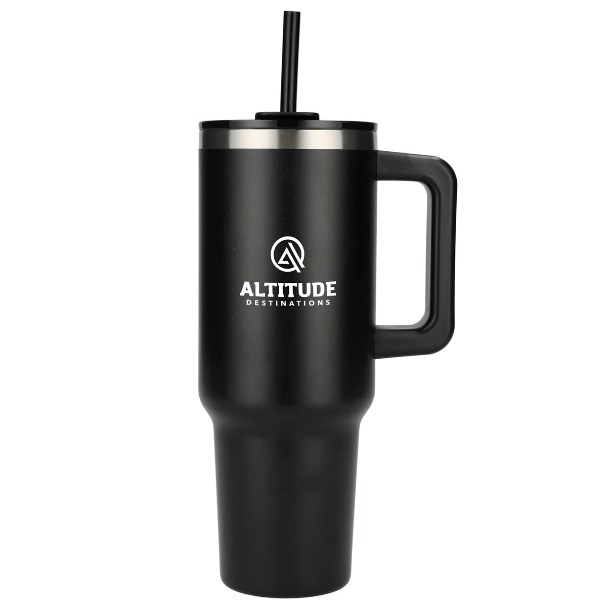 Pinnacle Recycled Travel Tumbler with Straw and Handle, 40 oz - Black - Front 2