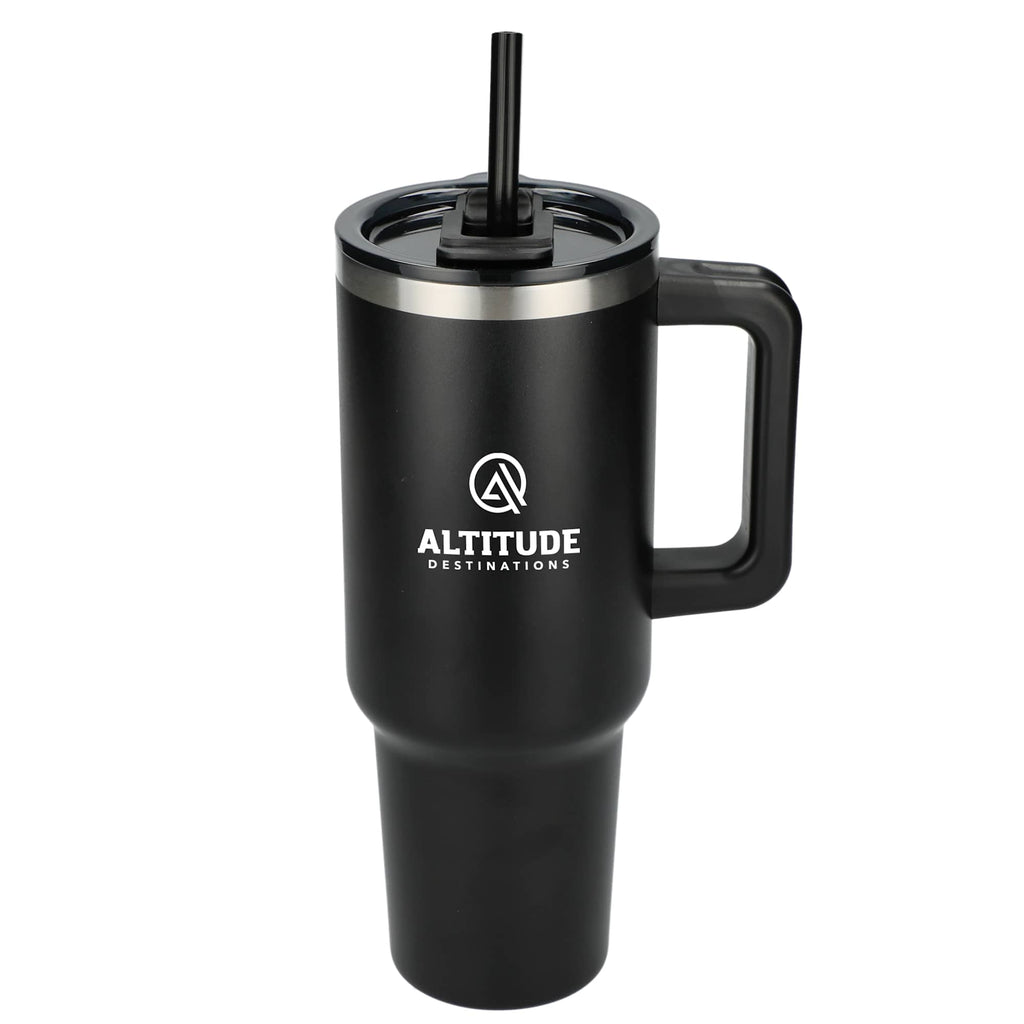 Pinnacle Recycled Travel Tumbler with Straw and Handle, 40 oz - Black - Front