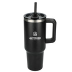 Pinnacle Recycled Travel Tumbler with Straw and Handle, 40 oz - Black - Front
