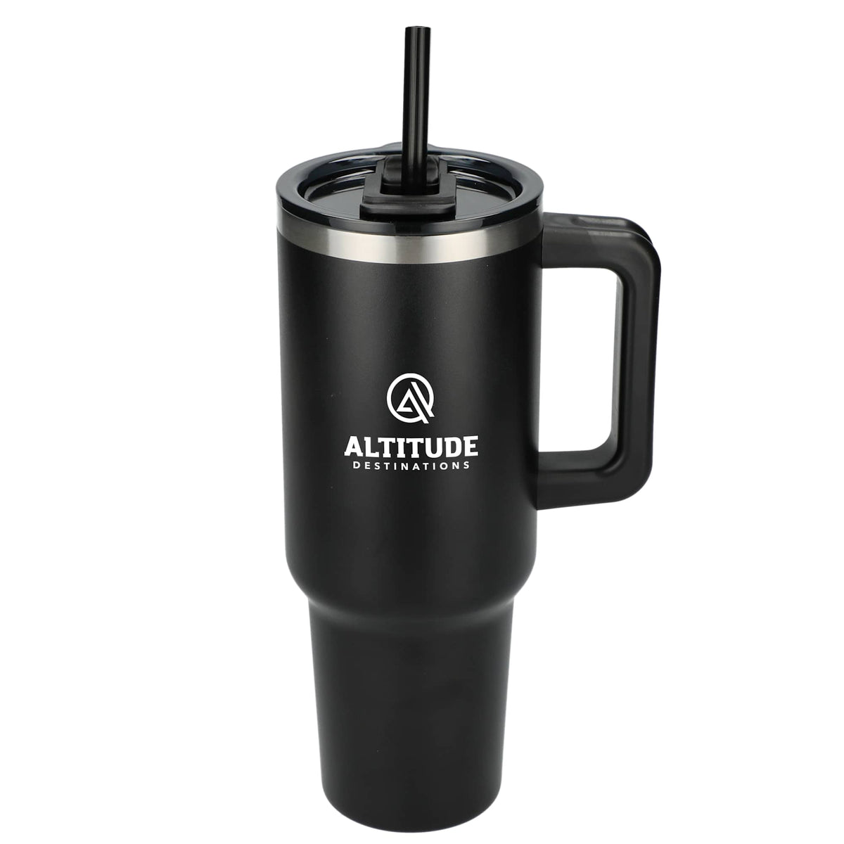 Pinnacle Recycled Travel Tumbler with Straw and Handle, 40 oz - Black - Front