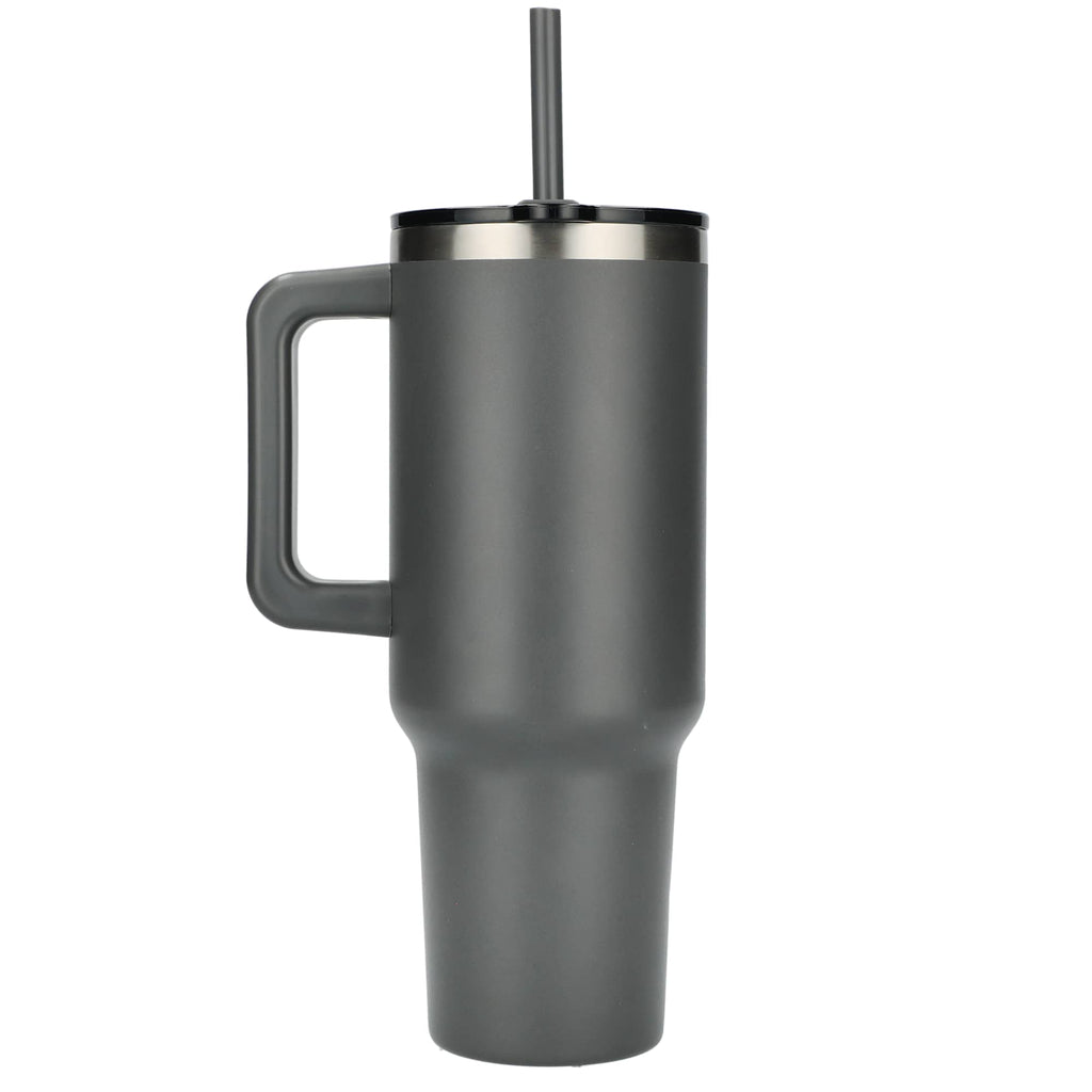 Pinnacle Recycled Travel Tumbler with Straw and Handle, 40 oz - Gray - Back 2