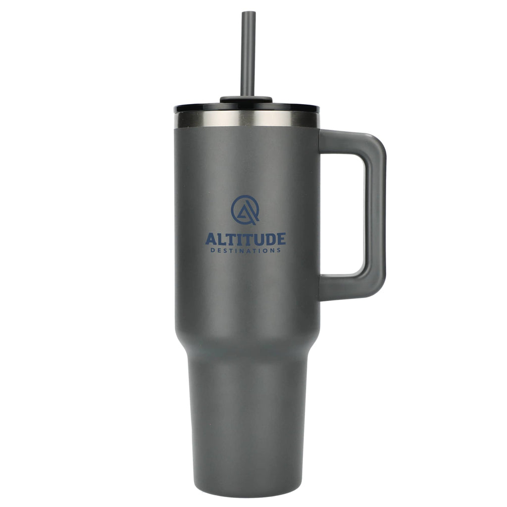 Pinnacle Recycled Travel Tumbler with Straw and Handle, 40 oz - Gray - Front 2