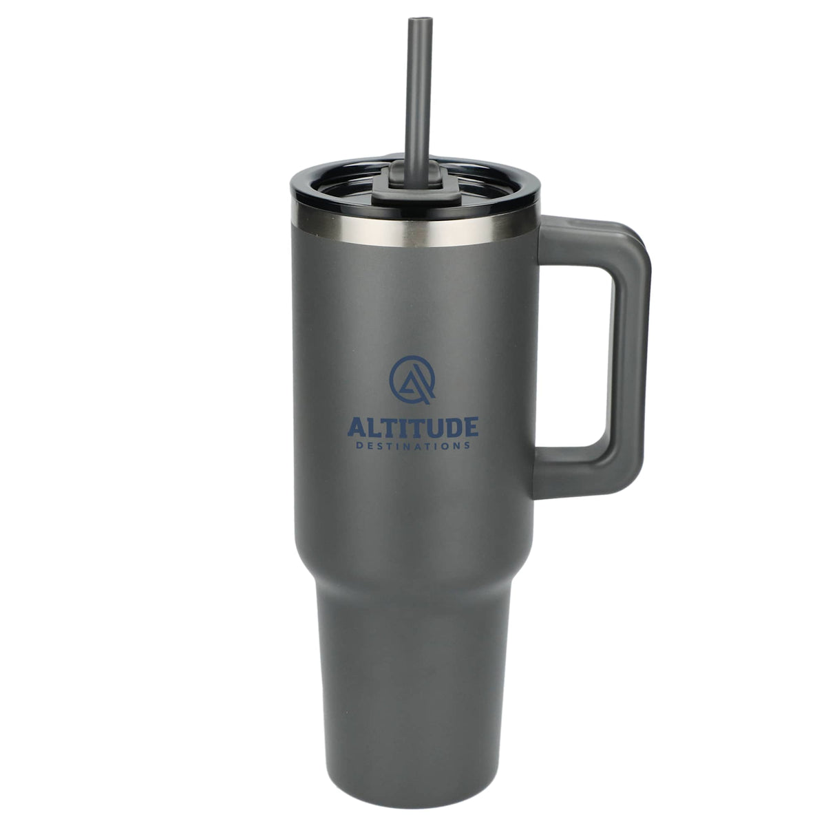 Pinnacle Recycled Travel Tumbler with Straw and Handle, 40 oz - Gray - Front