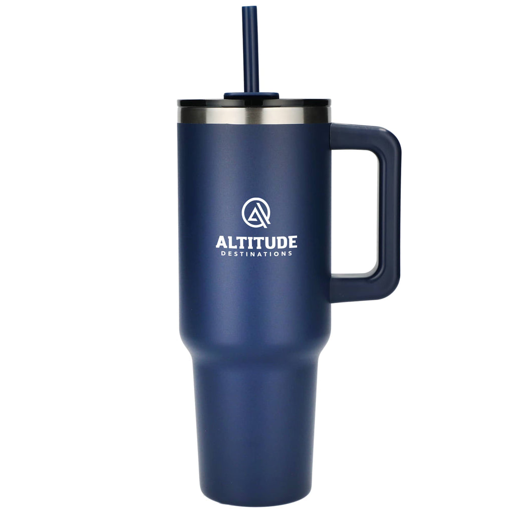 Pinnacle Recycled Travel Tumbler with Straw and Handle, 40 oz - Navy - Front 2