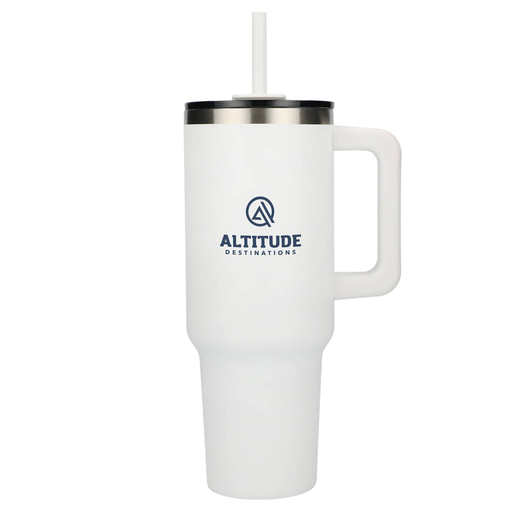 Pinnacle Recycled Travel Tumbler with Straw and Handle, 40 oz - White - Front 2