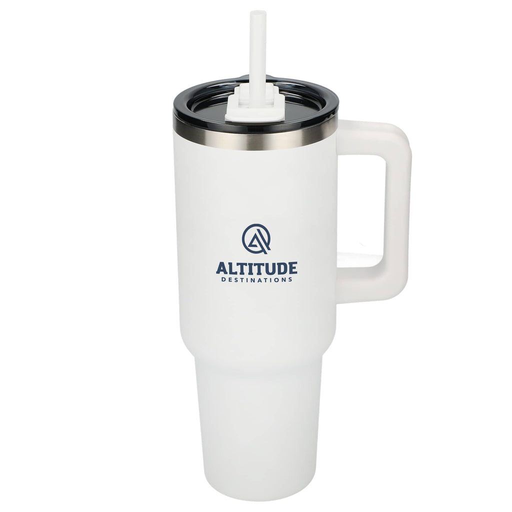 Pinnacle Recycled Travel Tumbler with Straw and Handle, 40 oz - White - Front