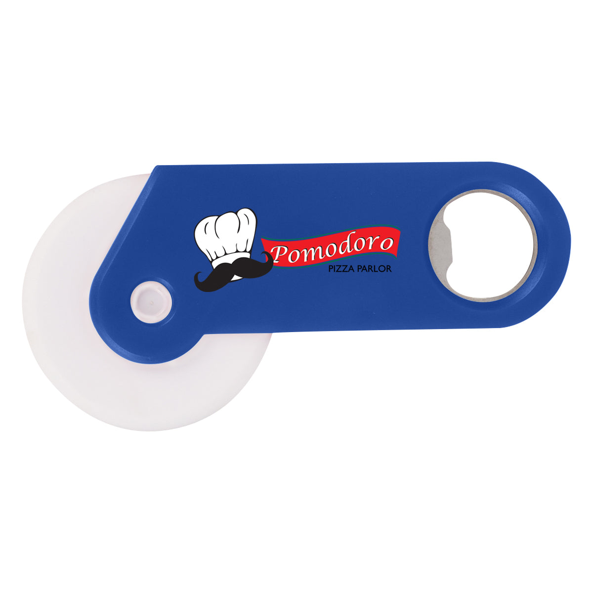 Pizza Cutter and Bottle Opener - Blue - Full Color