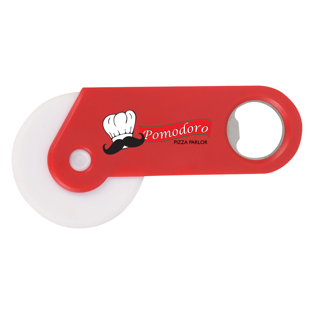Pizza Cutter and Bottle Opener - Red - Full Color