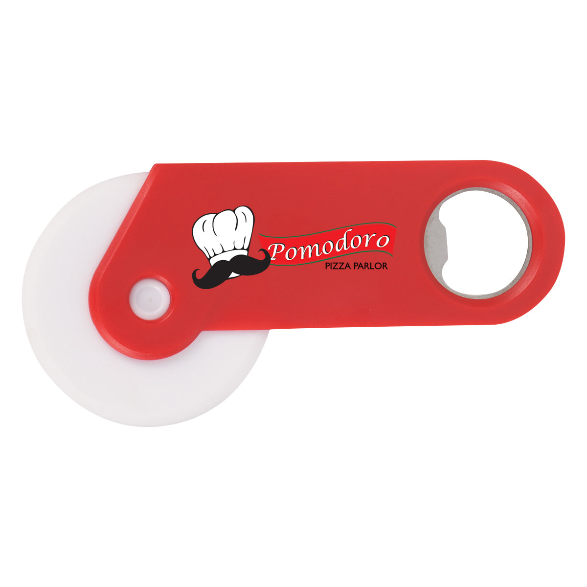 Pizza Cutter and Bottle Opener - Red - Full Color