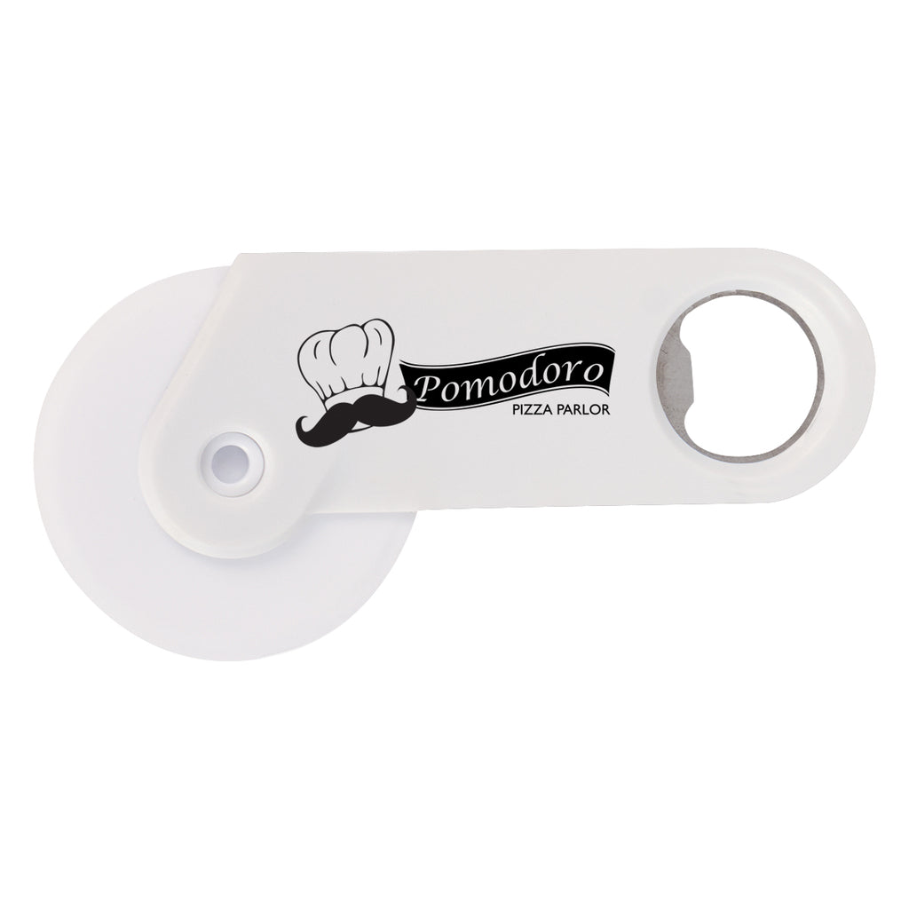 Pizza Cutter and Bottle Opener - White - Silk Screen