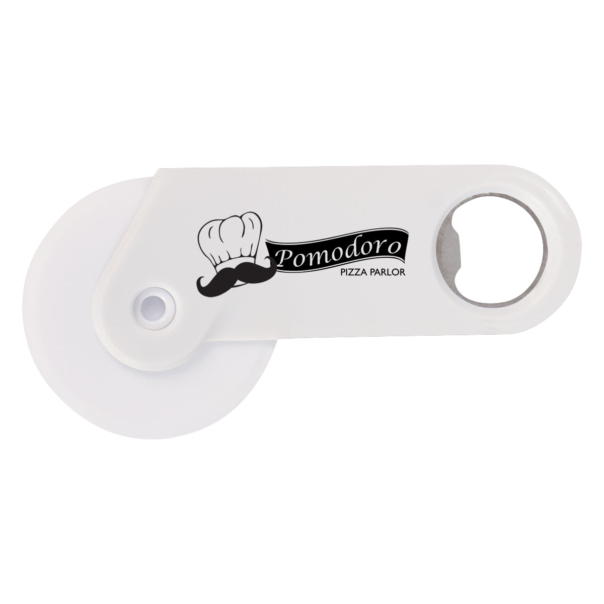 Pizza Cutter and Bottle Opener - White - Silk Screen
