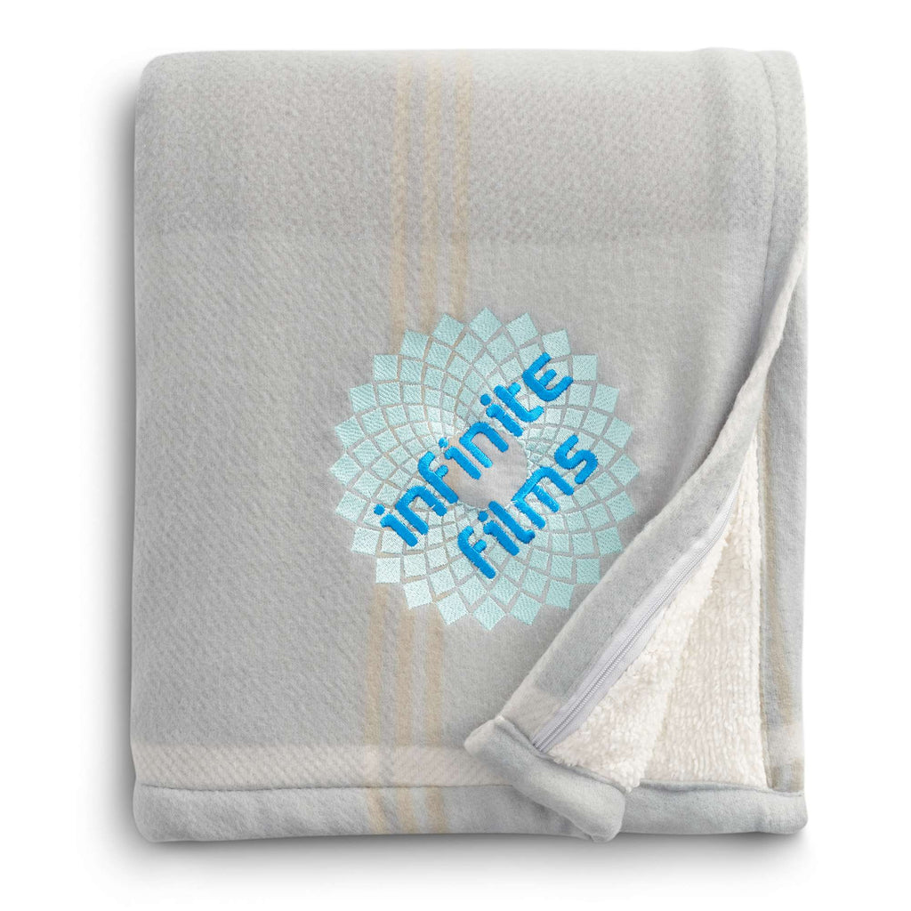Plaid Polar Fleece and Sherpa Blanket, 50 x 60 Inches Embroidery - Gray - Front 2