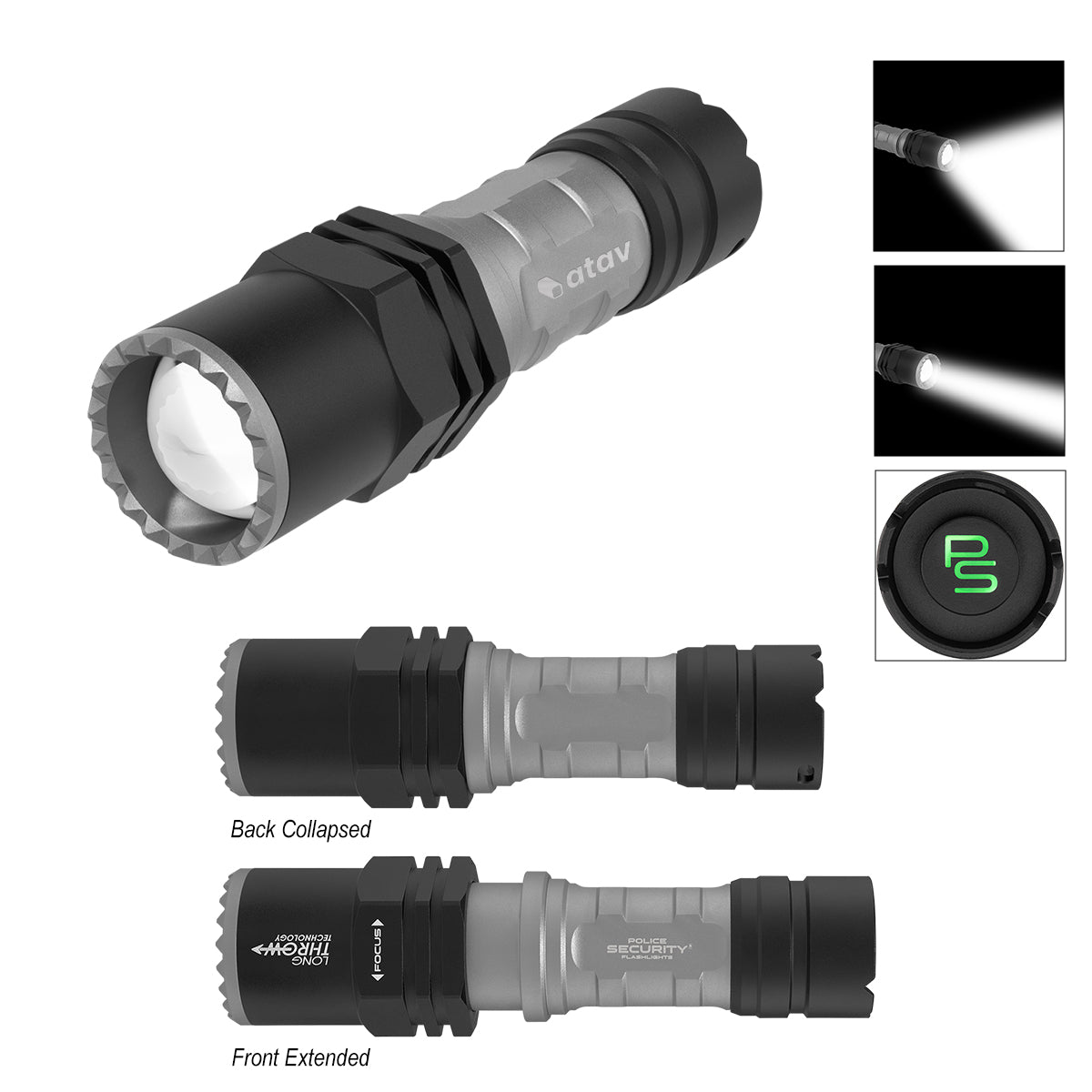 Police Security Long Throw Flashlight - Black with Silver - Laser
