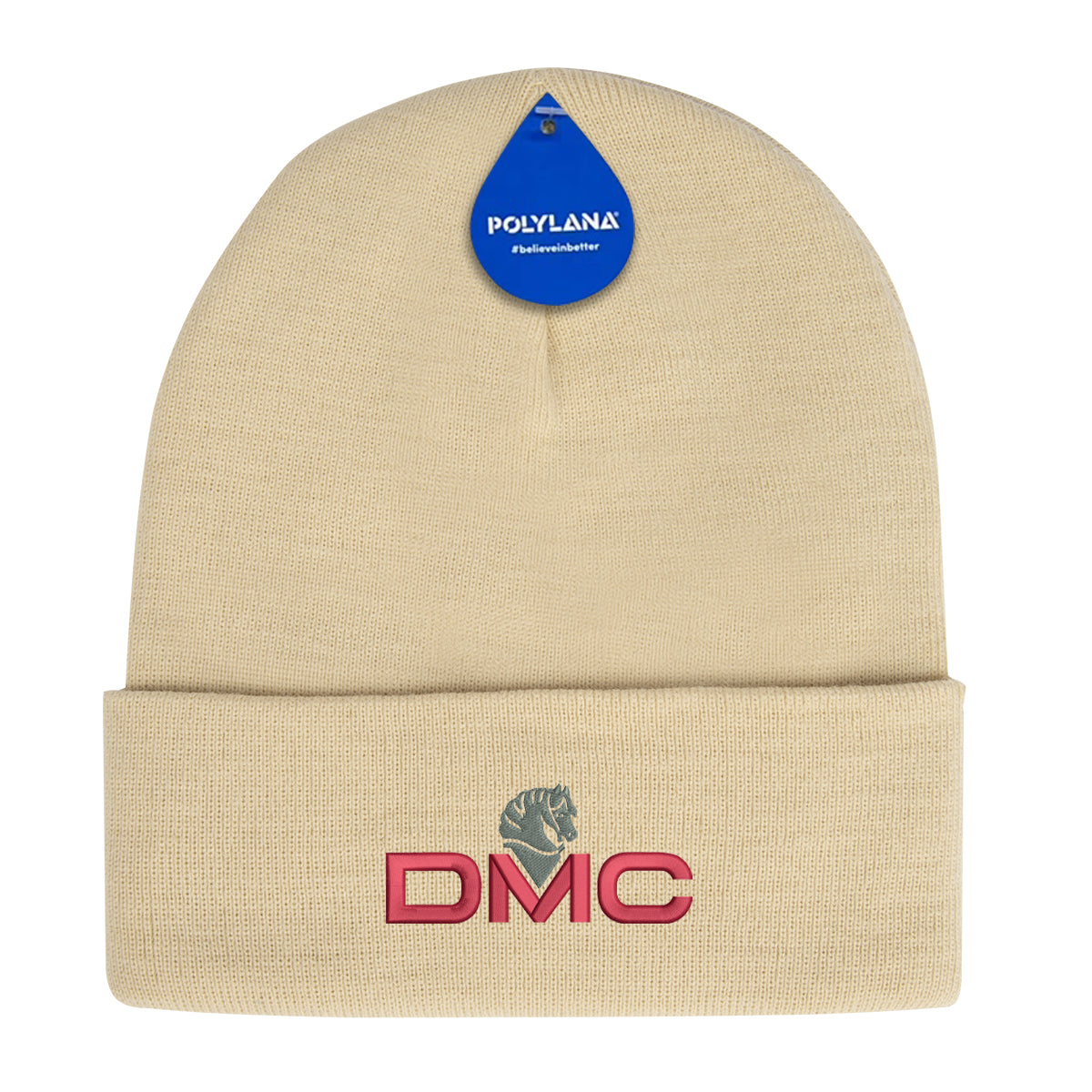 Polylana Cuffed Beanie in Knit - Cream - Embroidery
