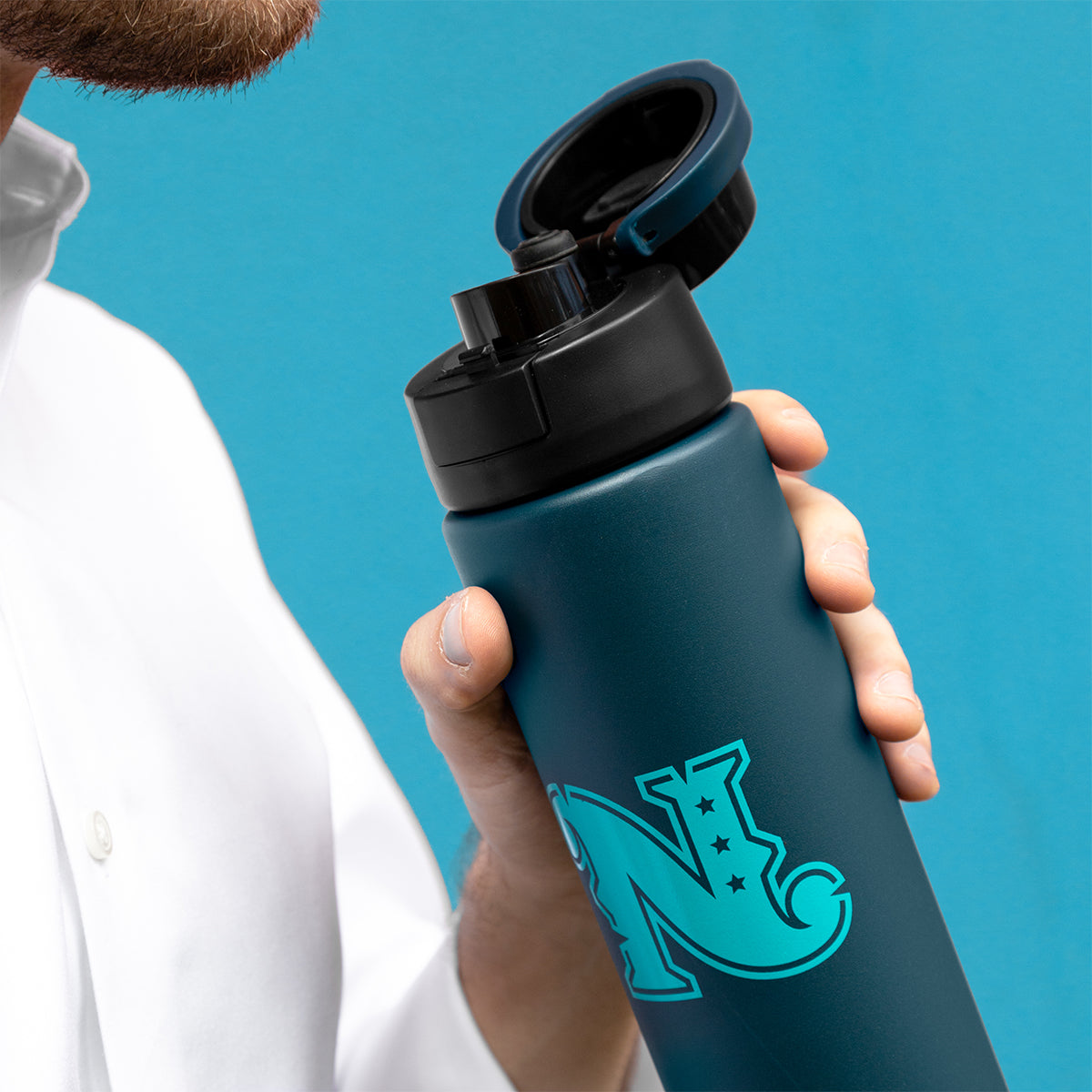 Pop Sip and Chug Recycled Single Wall Stainless Steel Bottle, 32 oz - Black - Lifestyle_Silkscreen