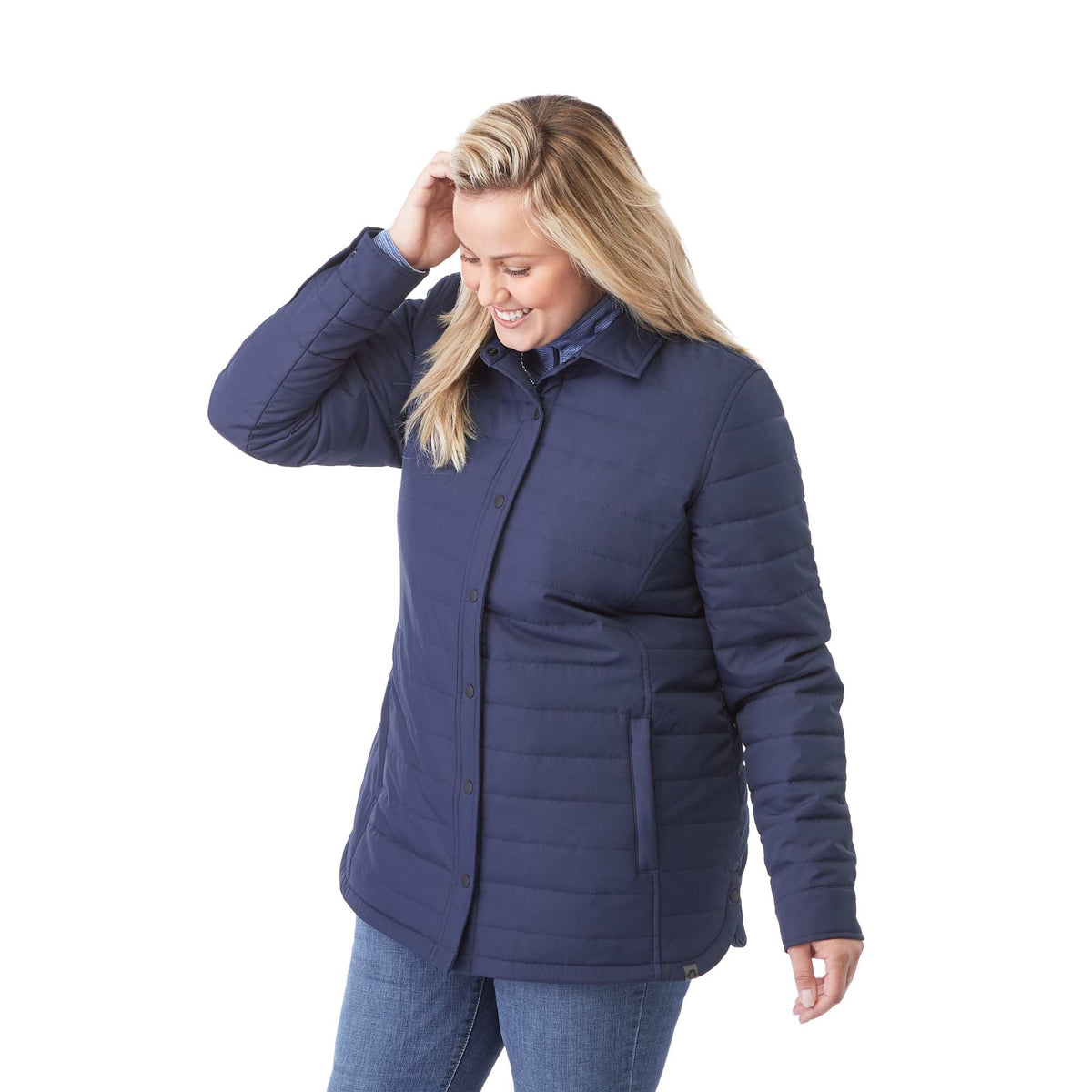 Porter Insulated Shirt Jacket for Women Transfer - Vintage Navy - Left Angle On Model