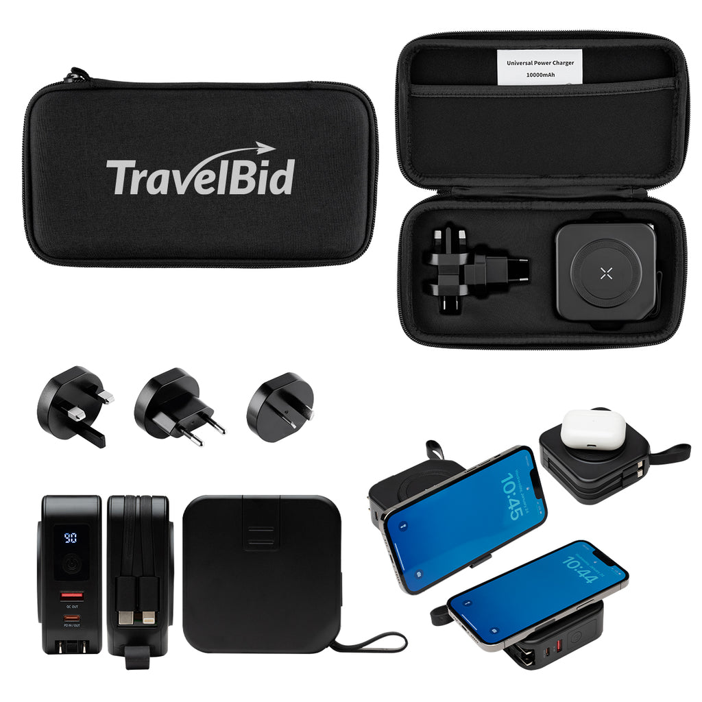 Power Bank and Charger with International Adapters - Black with Black - Silk Screen