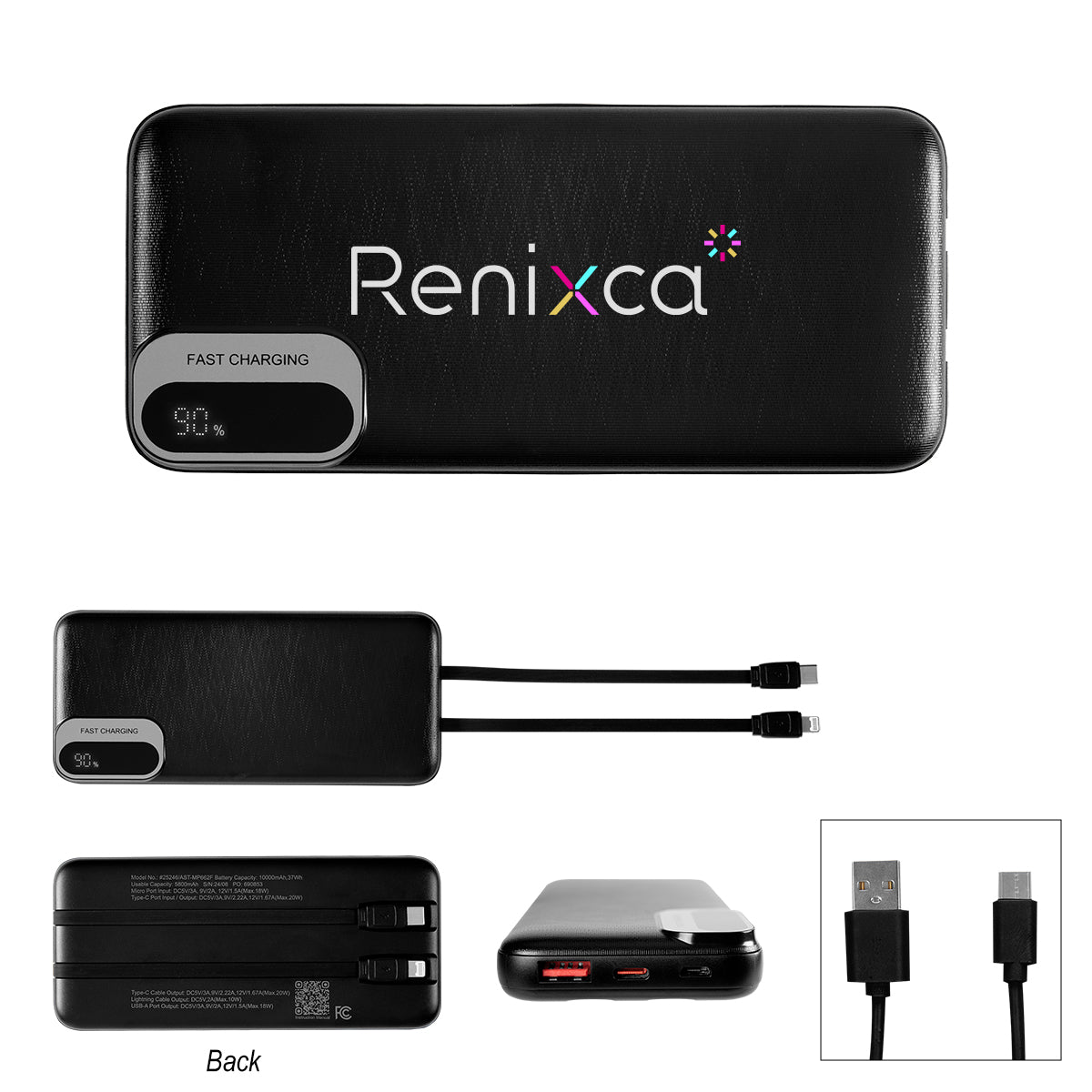 Power Bank with Built-In Cables, 10,000 mAh - Black - Full Color