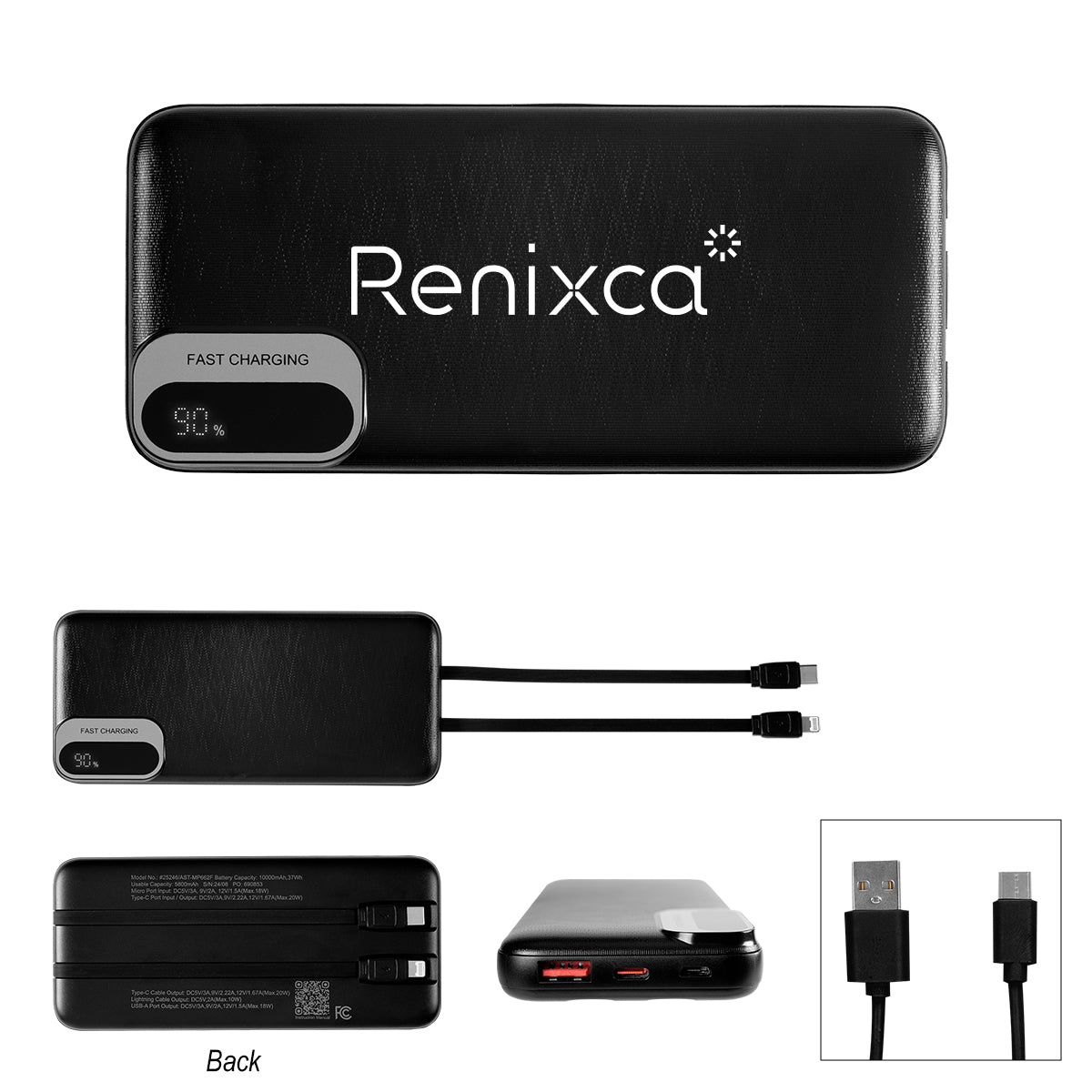 Power Bank with Built-In Cables, 10,000 mAh - Black - Silk Screen