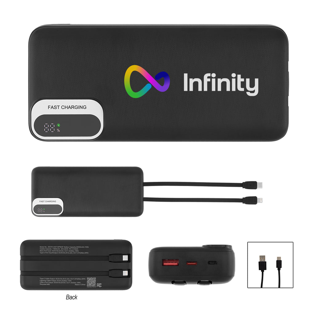 Power Bank with Built-In Cables in Recycled ABS, 20,000 mAh - Full Color