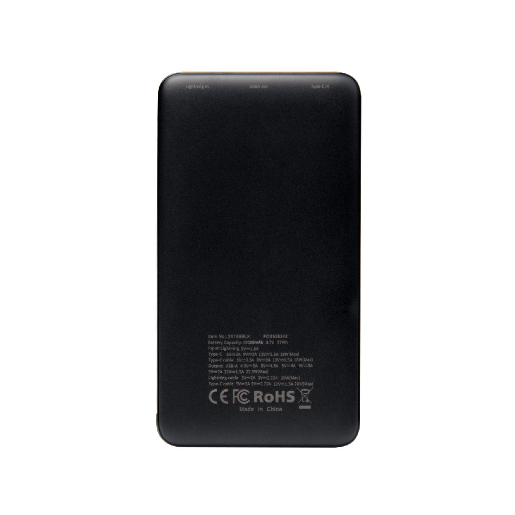 Power Bank with Integrated Cables, 10,000 mAh - Black - Back
