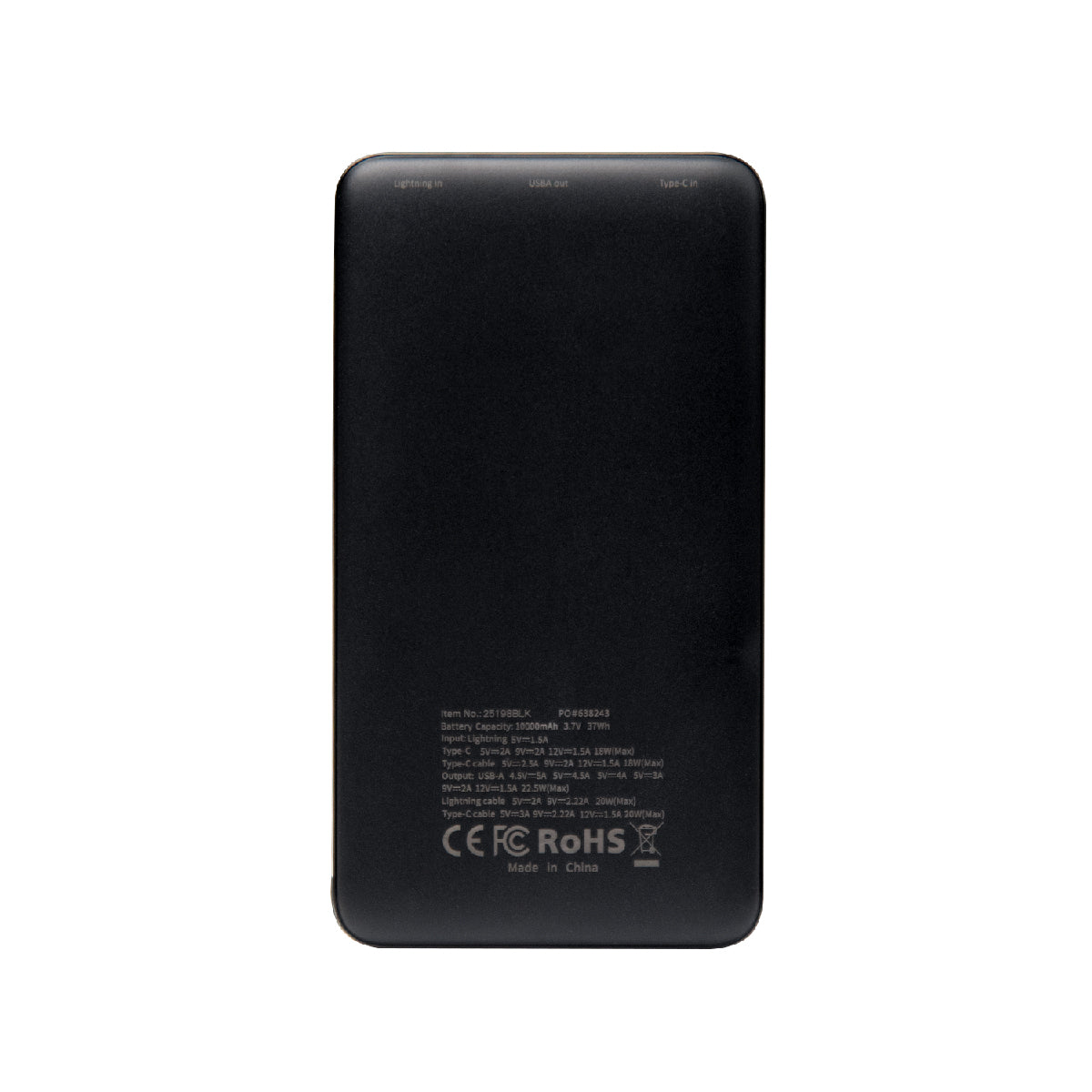 Power Bank with Integrated Cables, 10,000 mAh - Black - Back