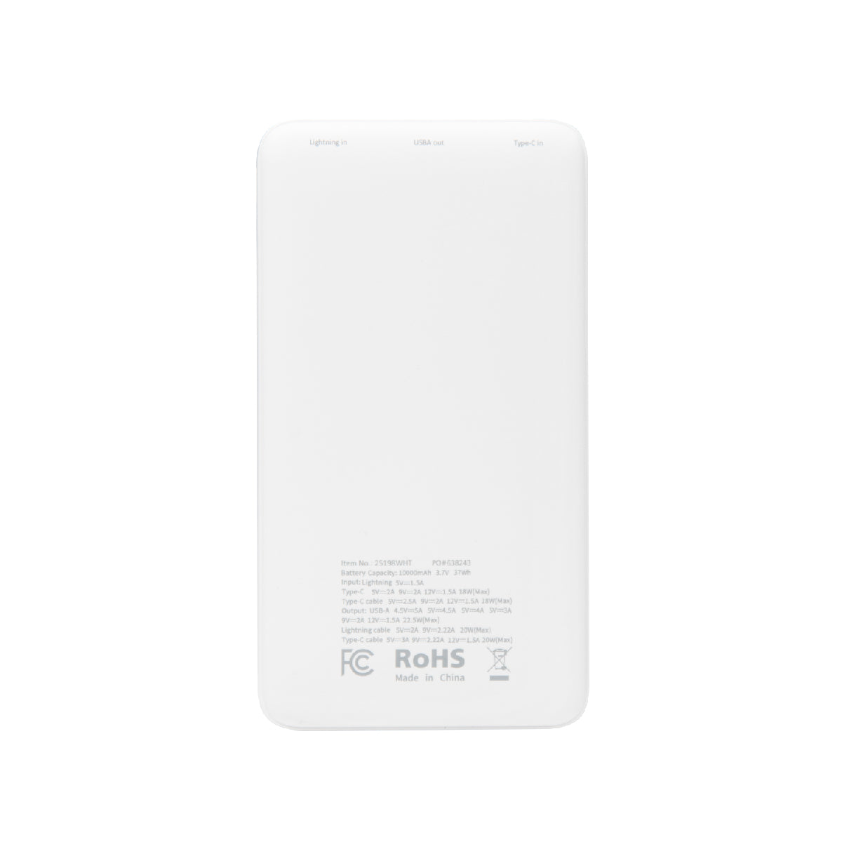 Power Bank with Integrated Cables, 10,000 mAh - White - Back