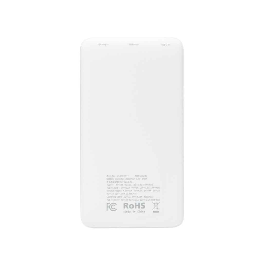Power Bank with Integrated Cables, 10,000 mAh - White - Back
