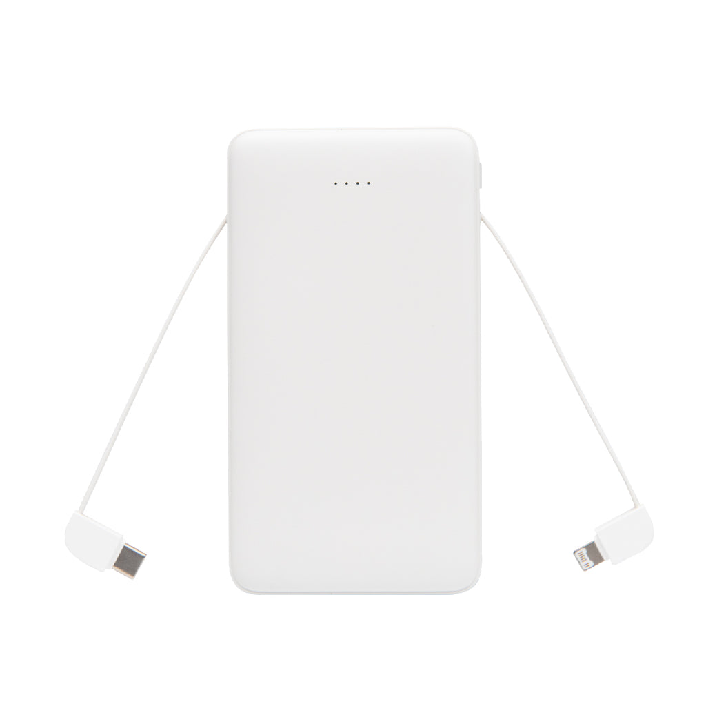 Power Bank with Integrated Cables, 10,000 mAh - White - Open