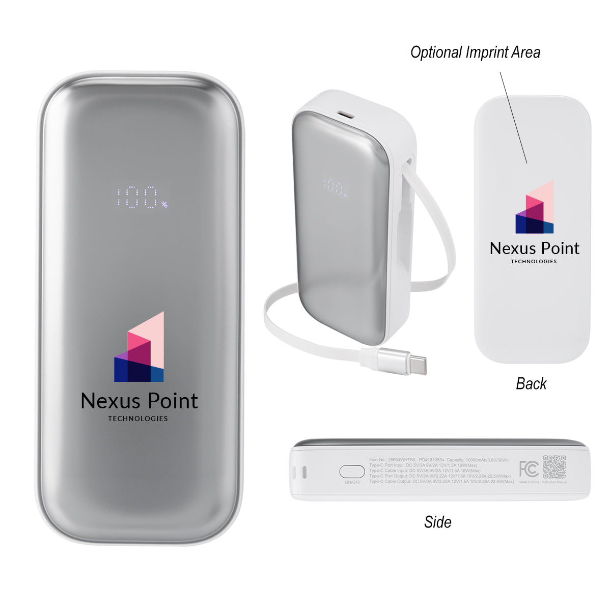 Power Bank with Retractable Type-C Cable, 10,000 mAh