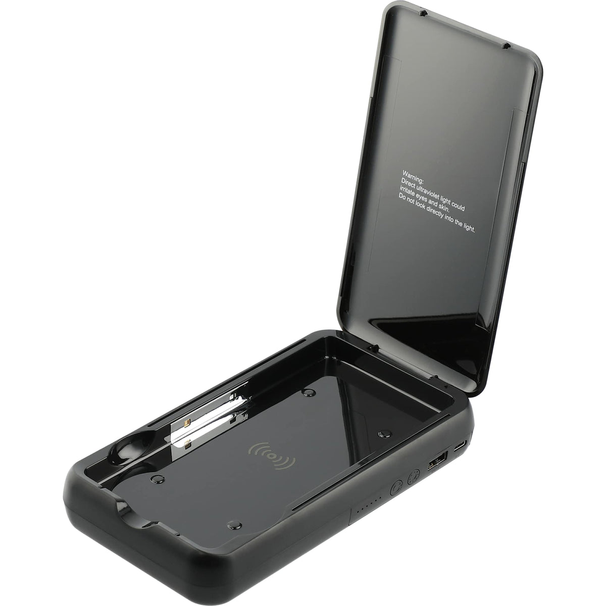 Pristine UV Sanitizer Box with Wireless Power Bank, 10,000 mAh - Black - Open