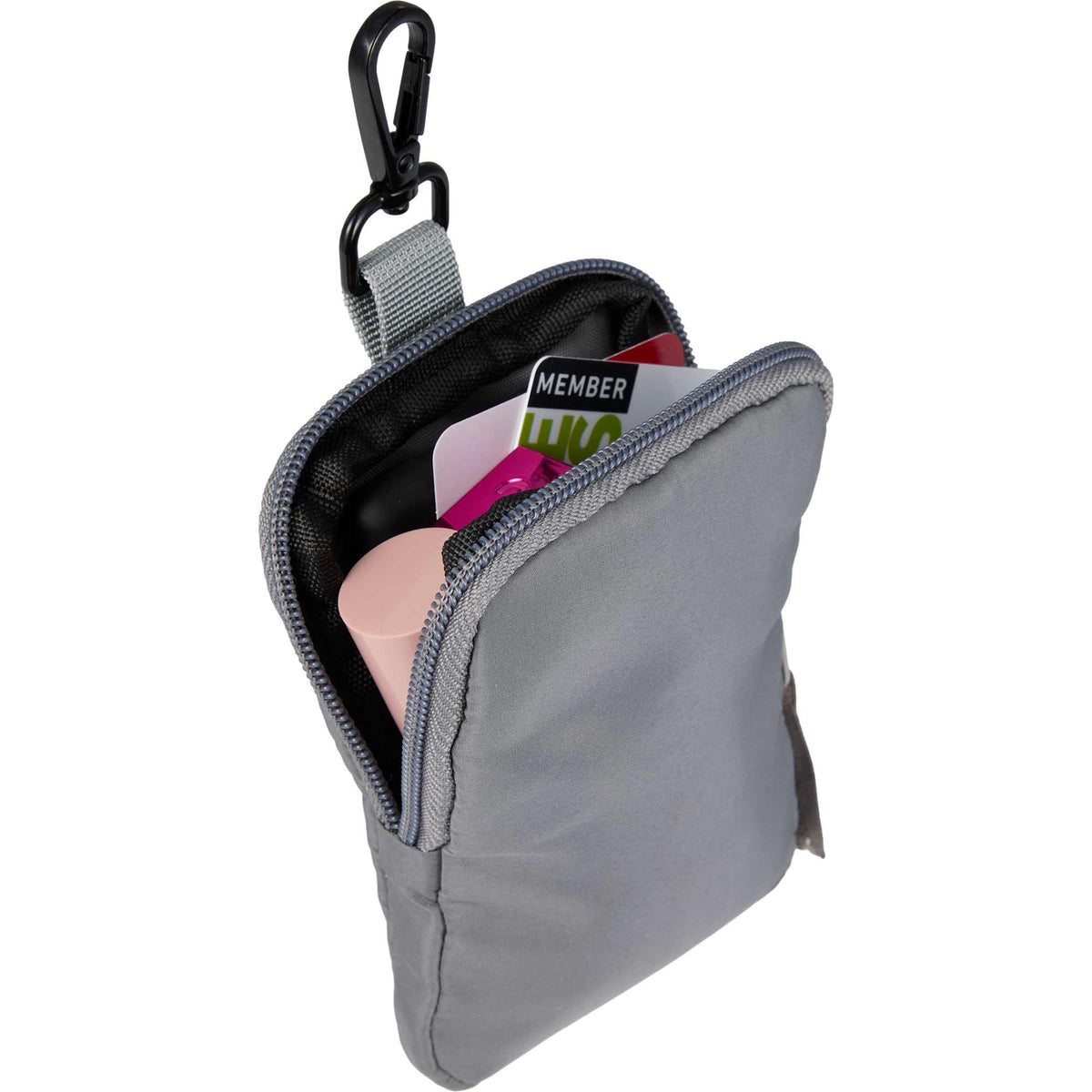 Puffer Clip-On Pouch in Recycled Fabric, Small Transfer - Gray - Propped