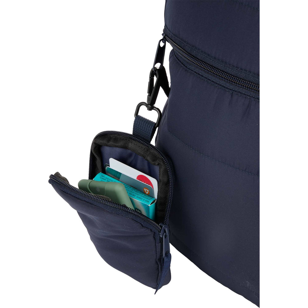 Puffer Clip-On Pouch in Recycled Fabric, Small Transfer - Navy - Propped On Model