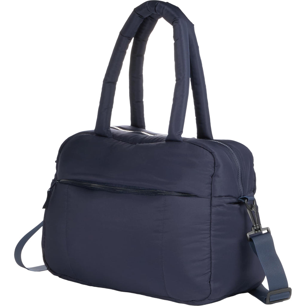 Puffer Quilted Duffel Bag in Recycled PET Embroidery - Navy - Left Angle 2