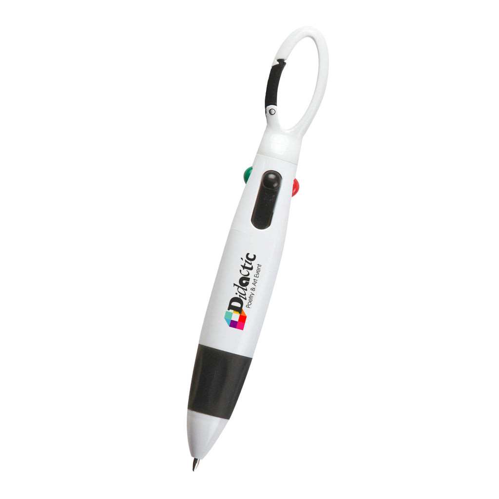 Quatro Pen with Carabiner Full Color - White with Black - Full Color