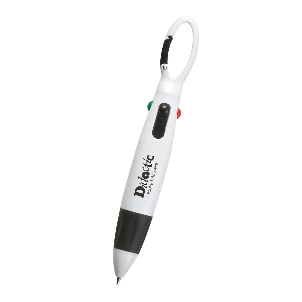 Quatro Pen with Carabiner Full Color - White with Black - Pad Print